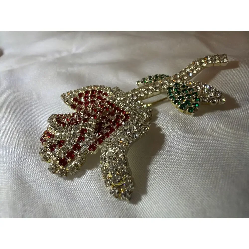 Large Red Rose Brooch Clear Red Green Rhinestones Silver Tone Flower Pin VTG